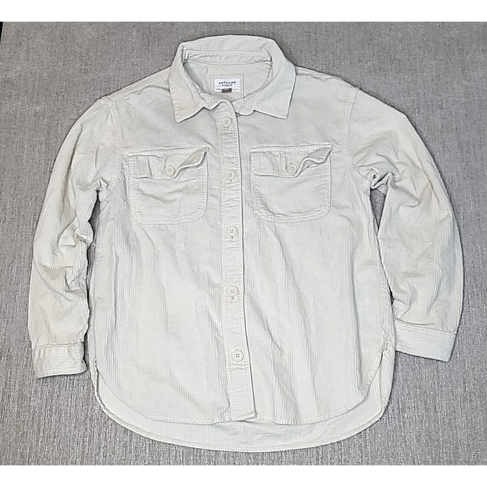 American Eagle Shirt Women Small Ivory Corduroy Button Front Utility Long Sleeve